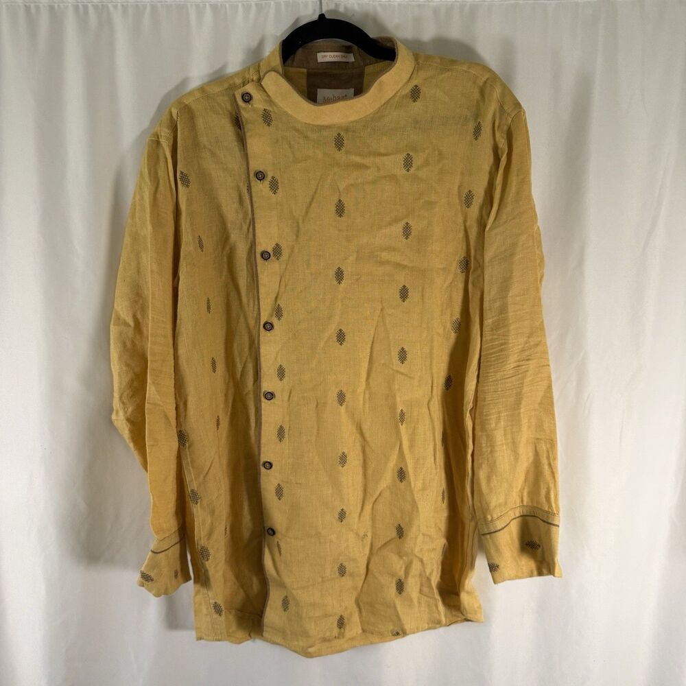 Mebaz Linen Tunic Blouse Women's XL Yellow Embroidered Woven High Neck Long Slv